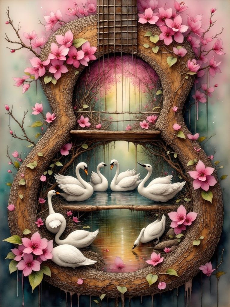 Acoustic Guitar Diorama with Cherry Blossoms and Swans