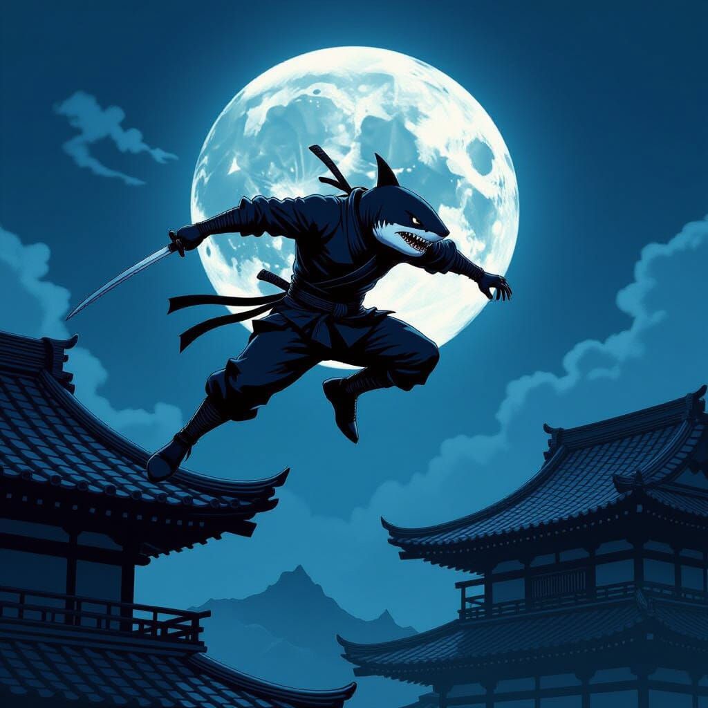 Shark Ninja Leaping in Moonlight, Dark Comic Style