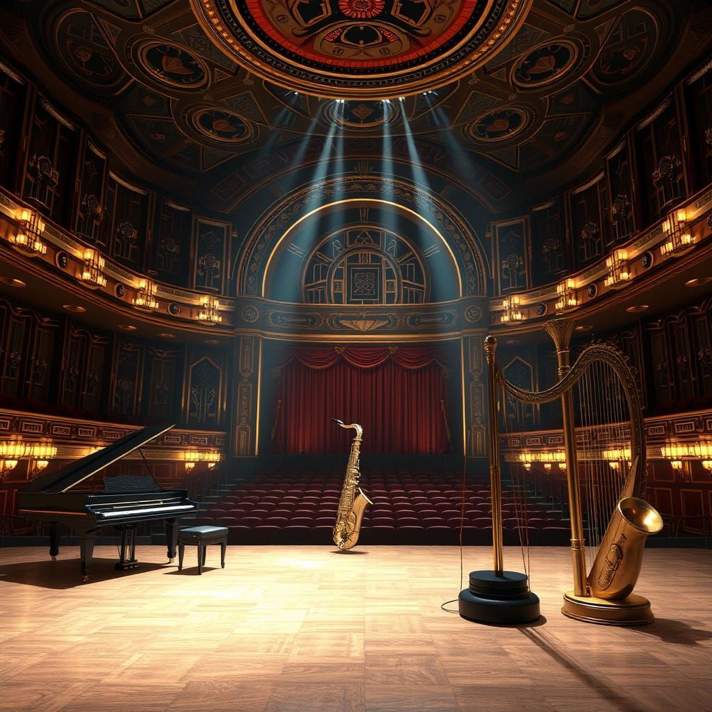 Grand Art Deco Concert Hall with Instruments at the Ready