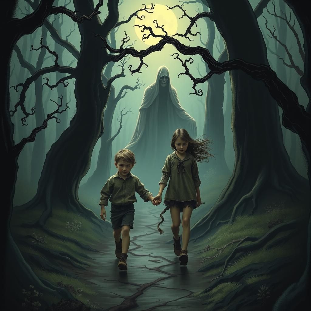 Eerily Illuminated Children in Dark Fantasy Forest
