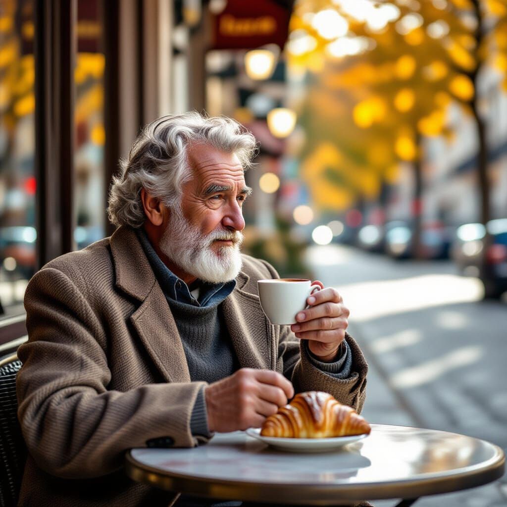 Elderly Man Enjoying Espresso on Autumn Street