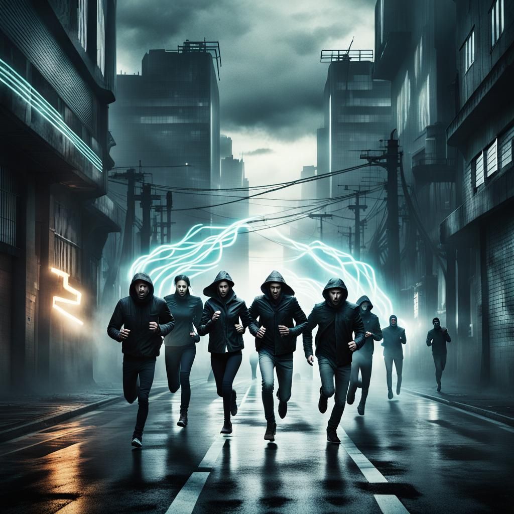 People Fleeing Down a Futuristic Street