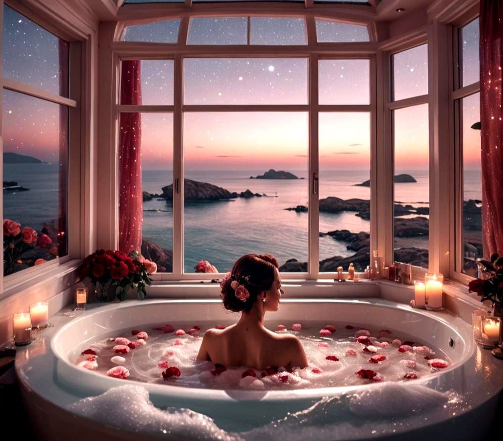 Luxurious Seaside Bubble Bath Under Starry Sky