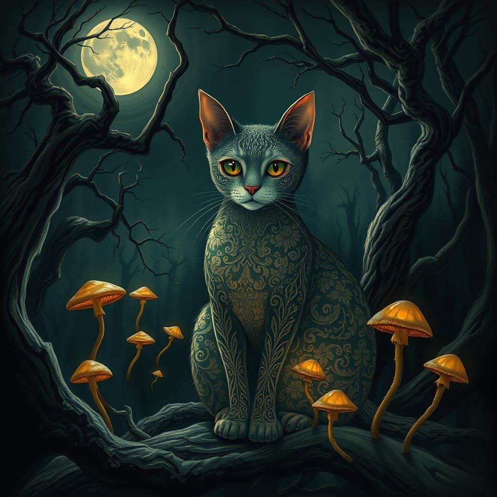 Whimsical Cat in Moonlit Forest: Macabre Surrealism