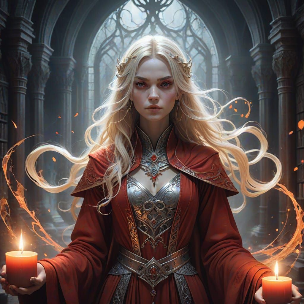 Elegant Sorceress Conjures Fiery Magic in Mystical Chamber