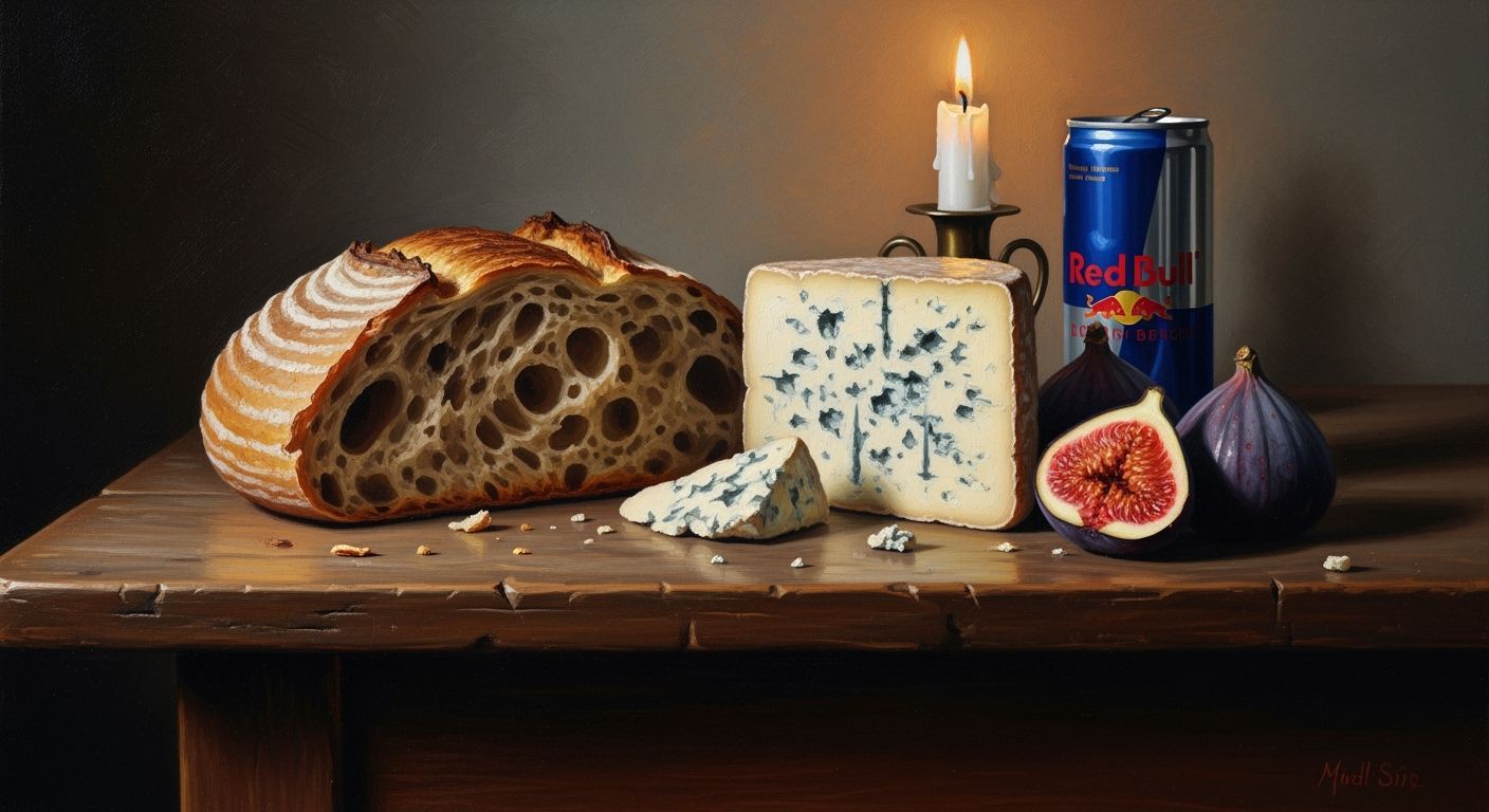 Rustic Still Life with Red Bull as Oil Painting