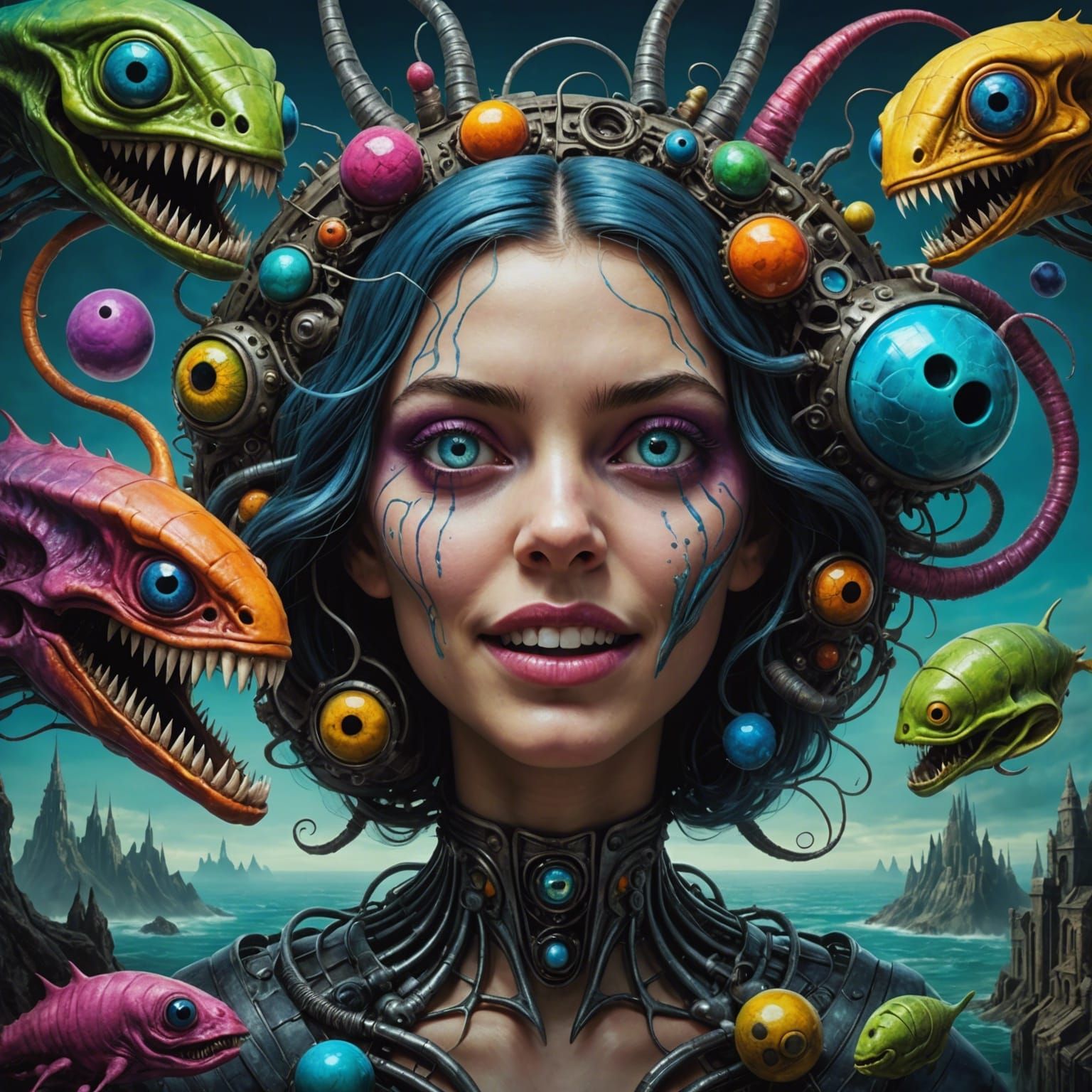 Surreal Girl with Alien Life Forms in Photorealistic Style
