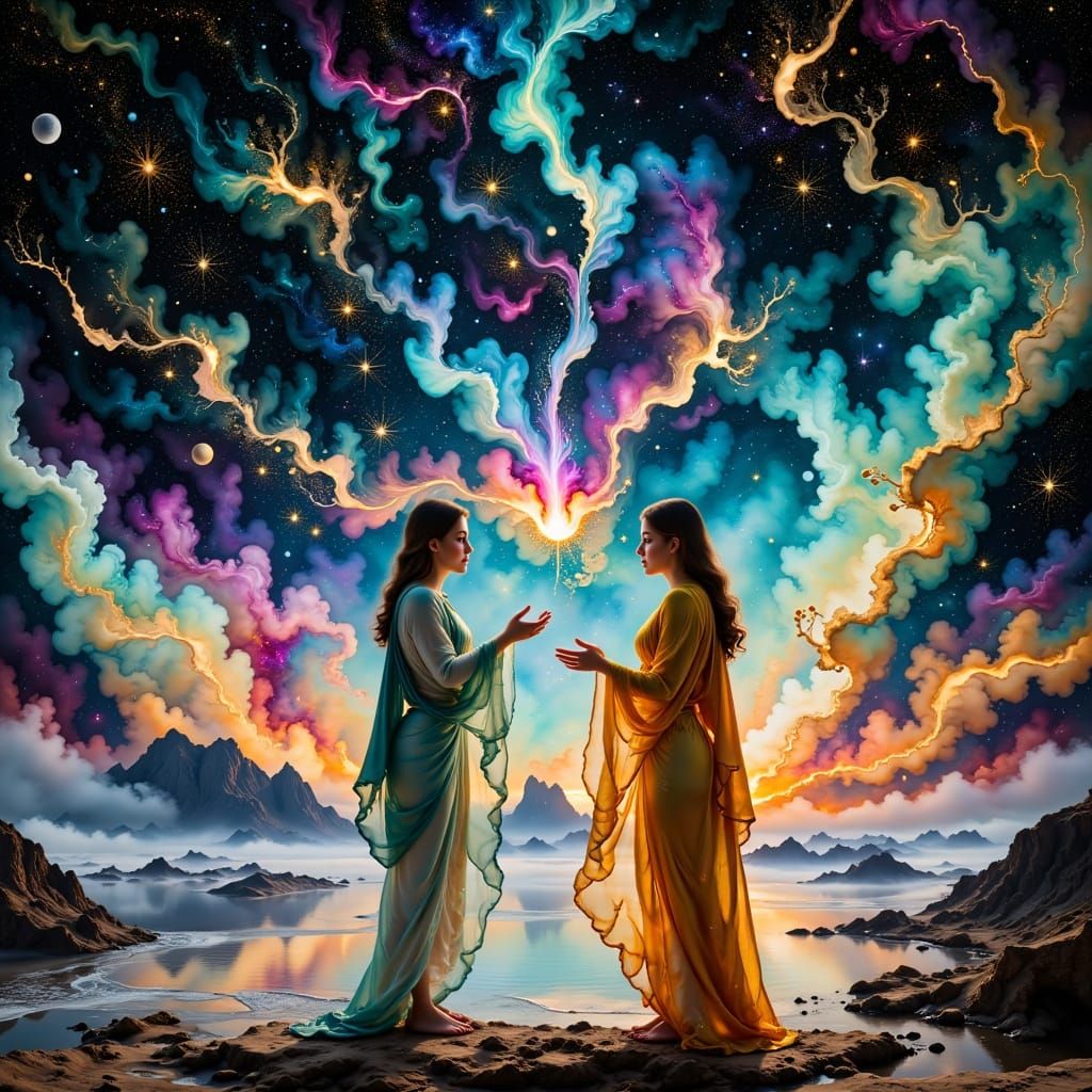 Souls Floating in Galaxy with Maximalist Style