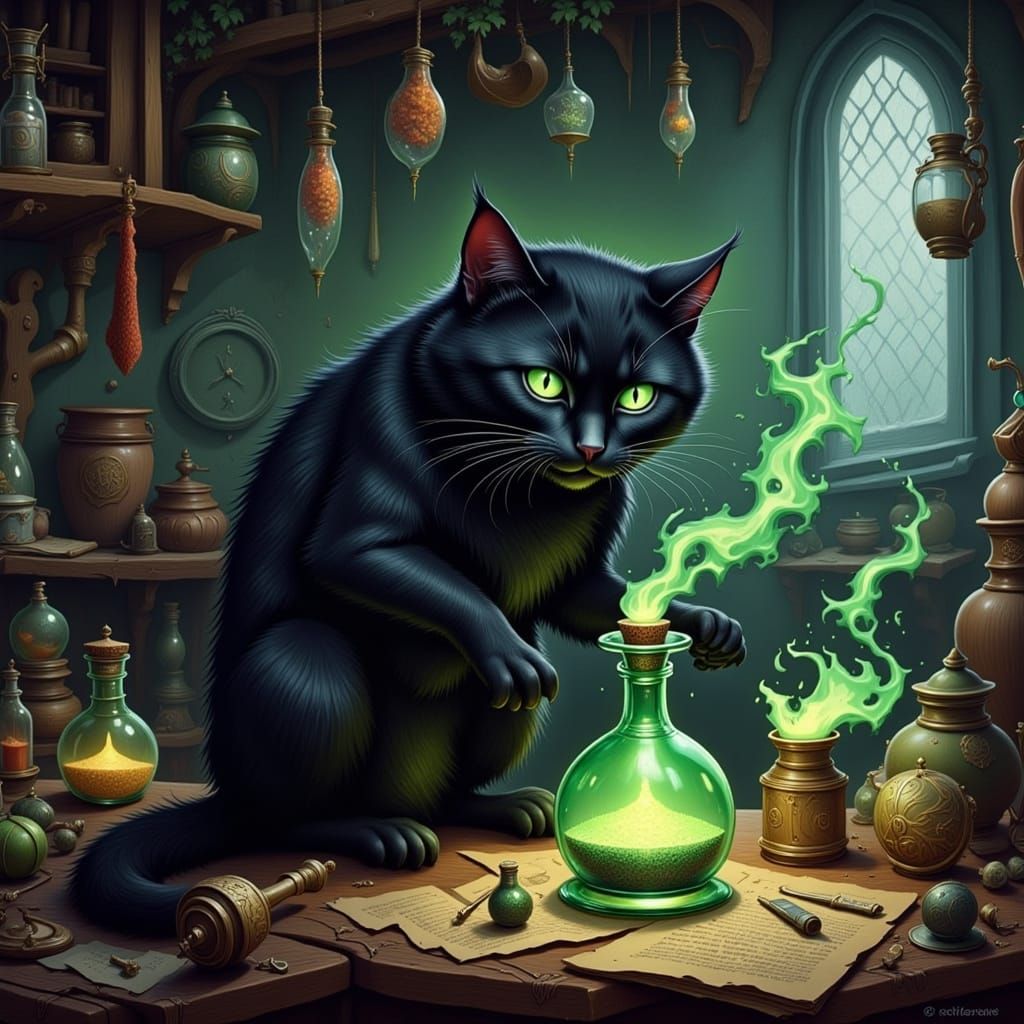 Mischievous Black Cat Batting Potion Bottle