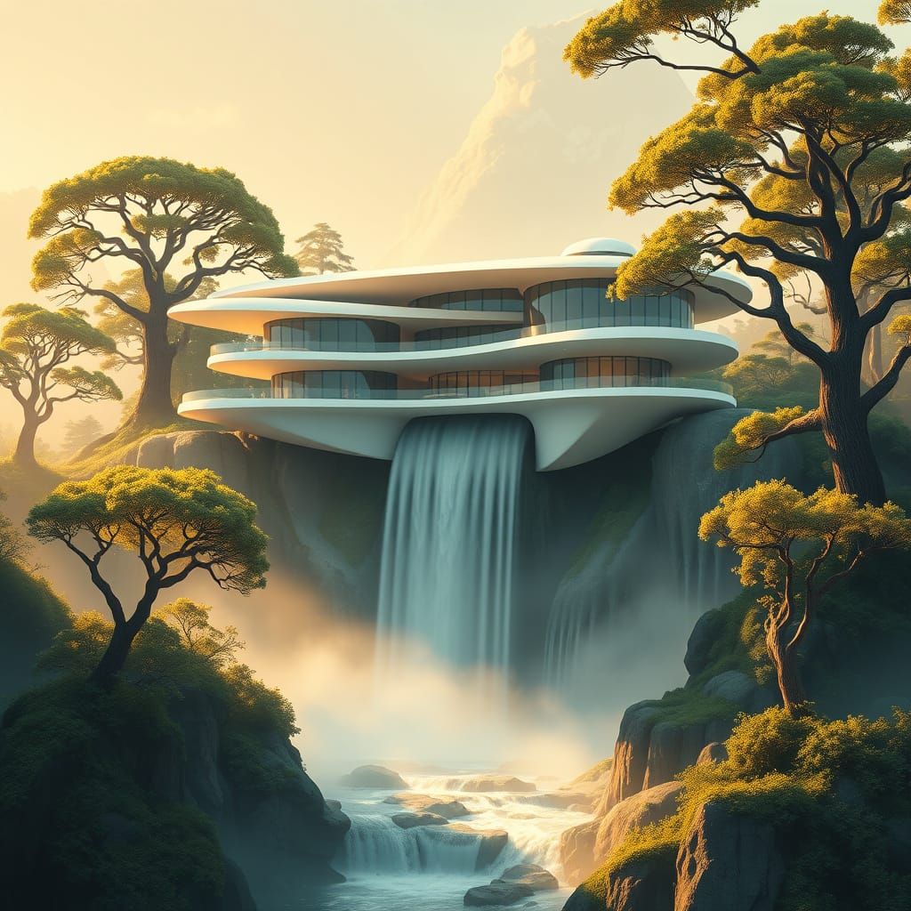 Ethereal Futuristic Mansion Blends with Misty Valley