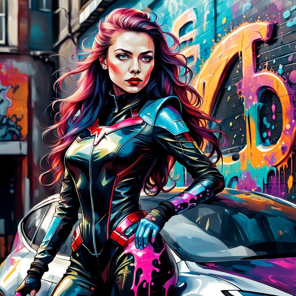 Mistress on Tesla in Graffiti Art Style