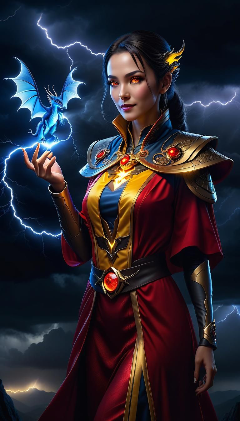 Female Cleric smirking, eyes glowing bright yellow,  red rob...