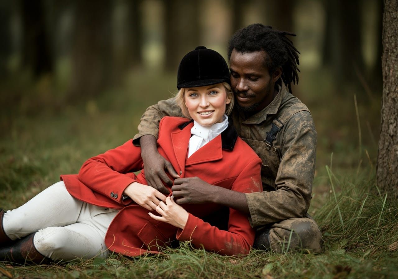 Aristocratic Lady and Farmhand Embrace in Forest
