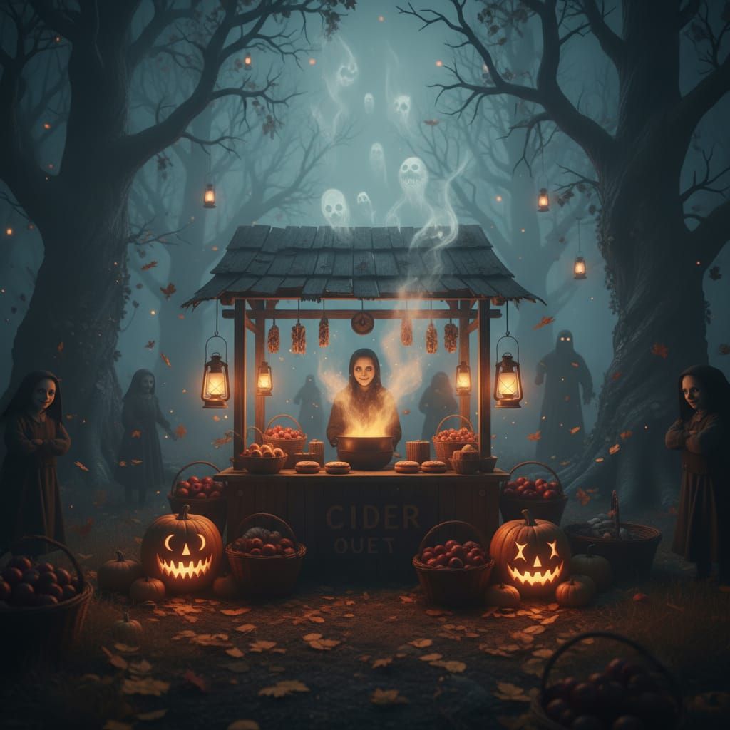 Eerie Autumn Market at Dusk in Ancient Forest