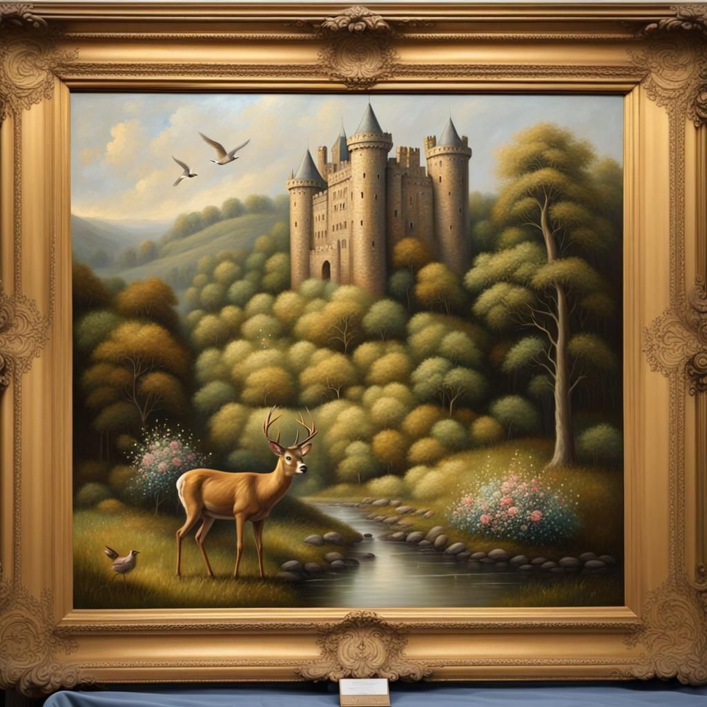 Ornate Oil Painting of Castle and Wildlife