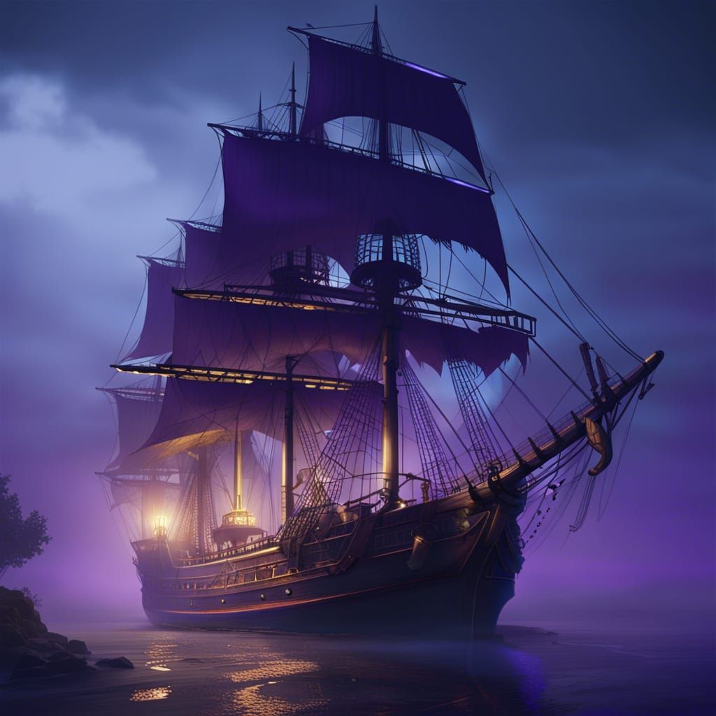 Sailing Ship in Fog: Dark Fantasy Art