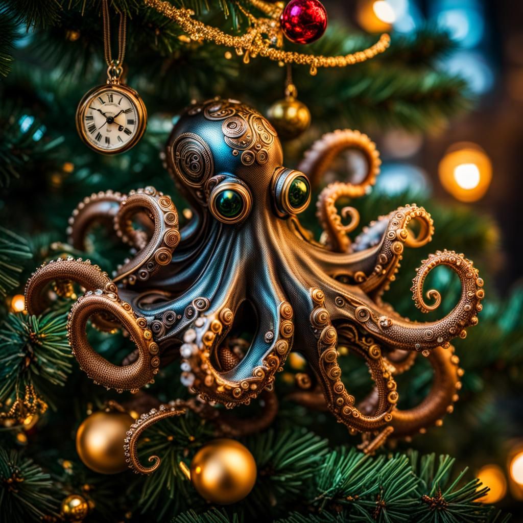 Steampunk Octopus Adorns Christmas Tree: Hyperrealistic Deta...