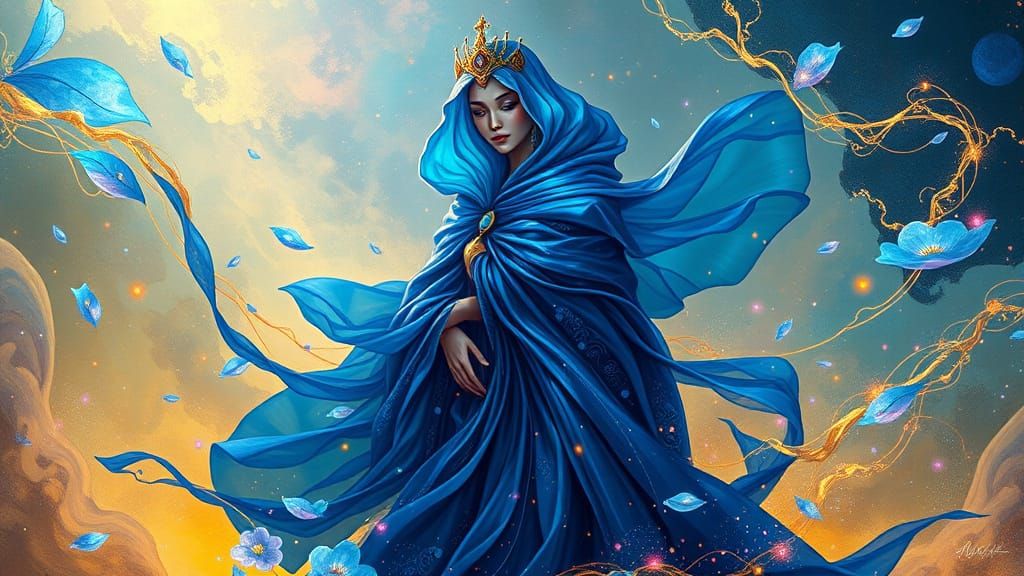 Ethereal Regal Figure in Iridescent Blue, Inspired by Gustav...