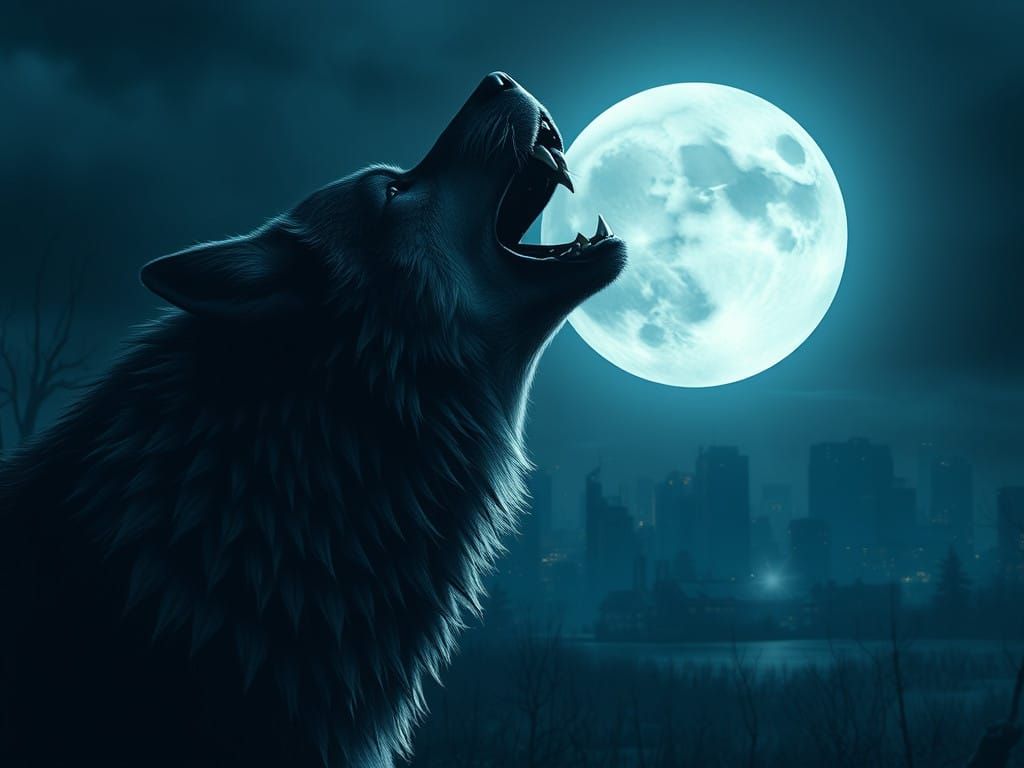 Werewolf Under Full Moon in Urban Jungle