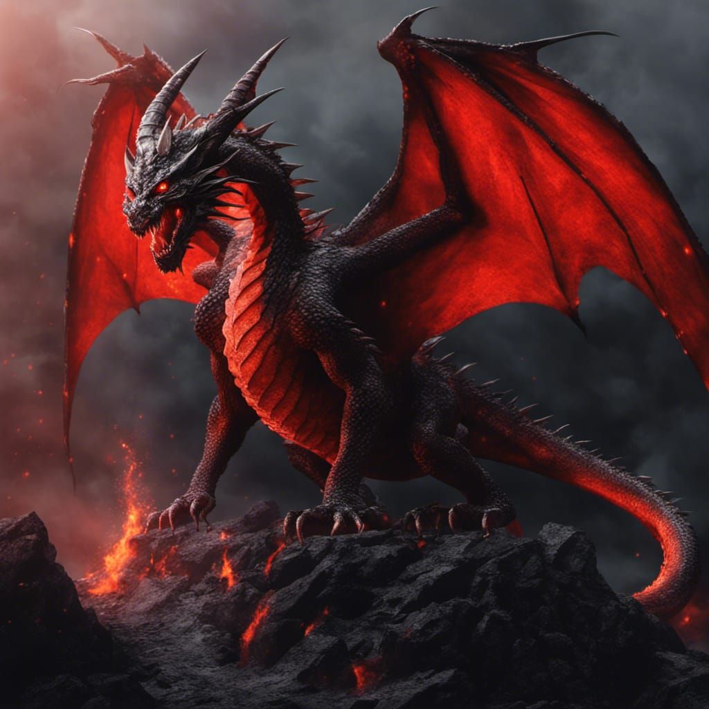 Majestic Red Dragon in Lava Landscape: Hyperrealistic Art