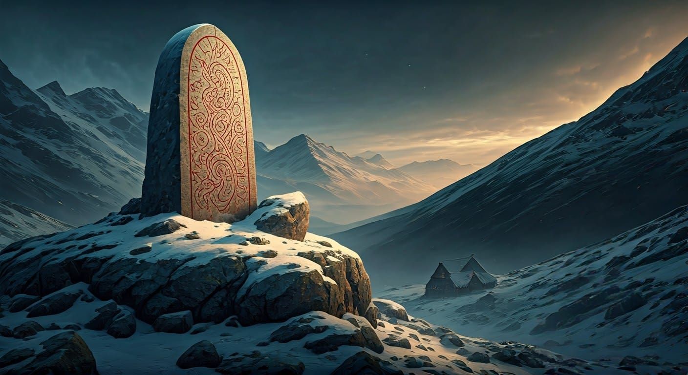 Ancient Runestone Monument Amidst Winter Mountains