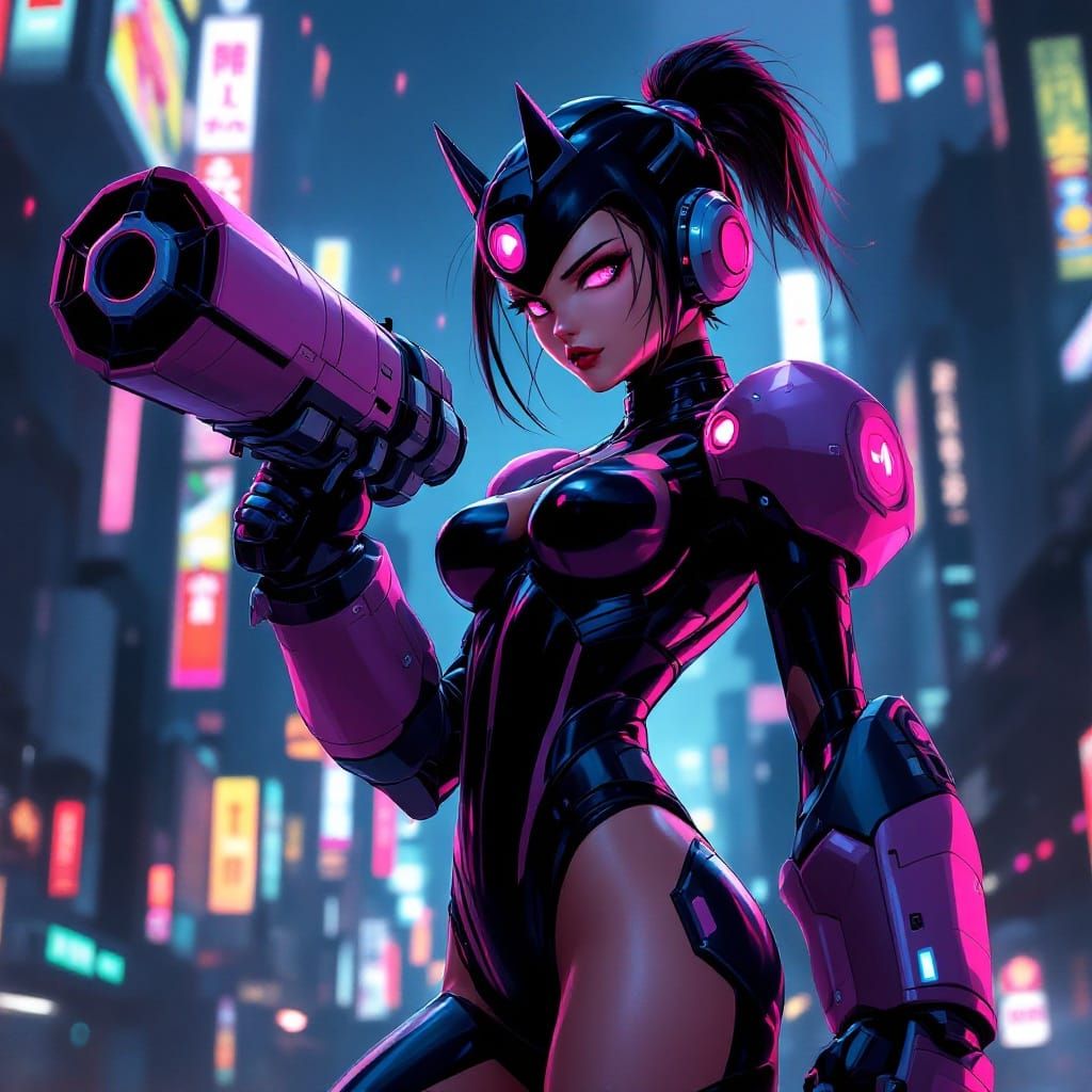 Epic Female Mega Man in Cyberpunk Japanese Pop Art Style