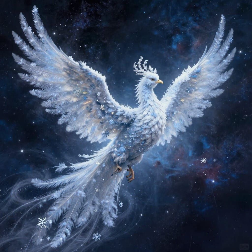 Majestic Snowflake Phoenix Soars Through Starry Nebula