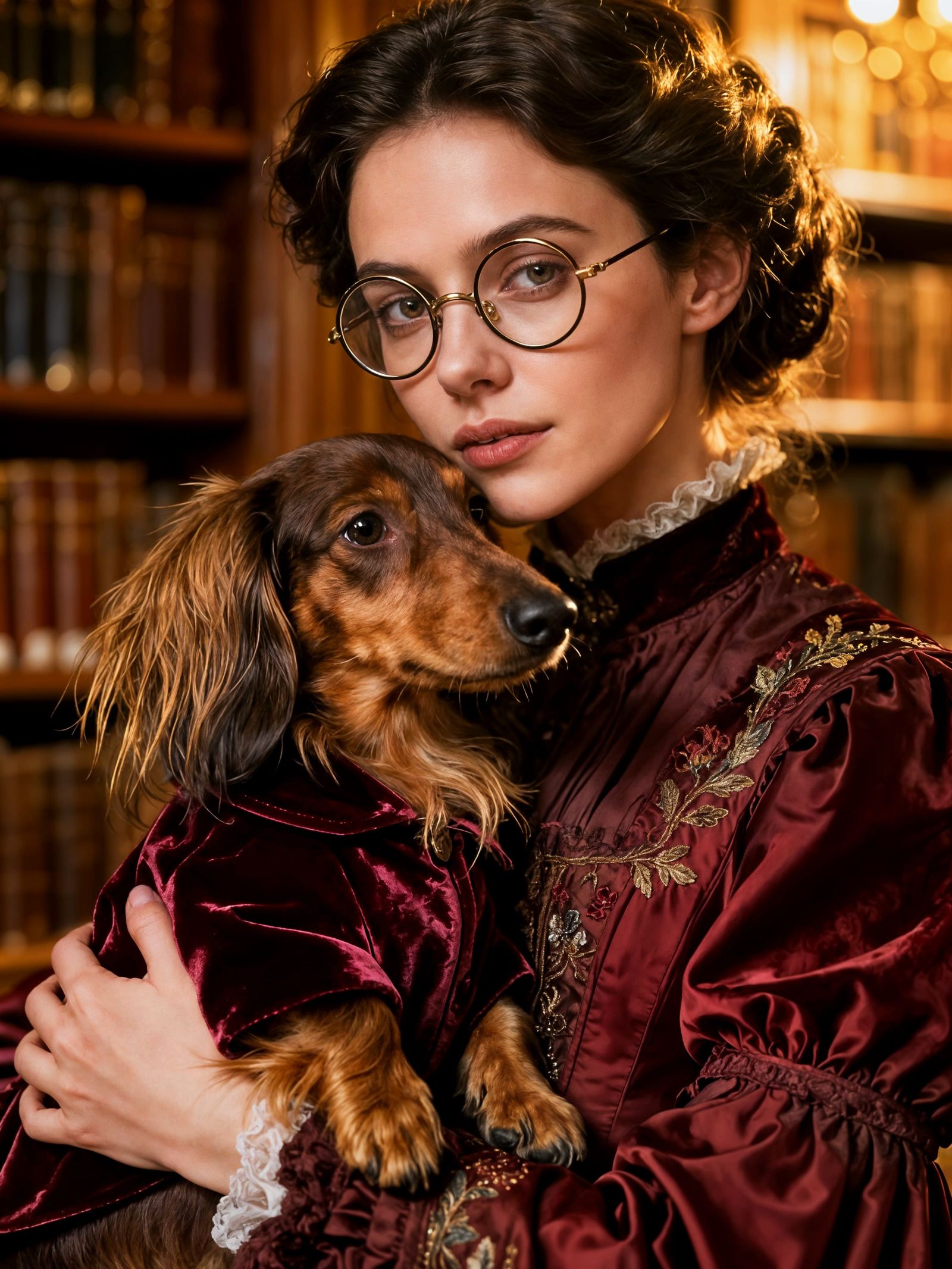 Victorian Woman with Dachshund in Library