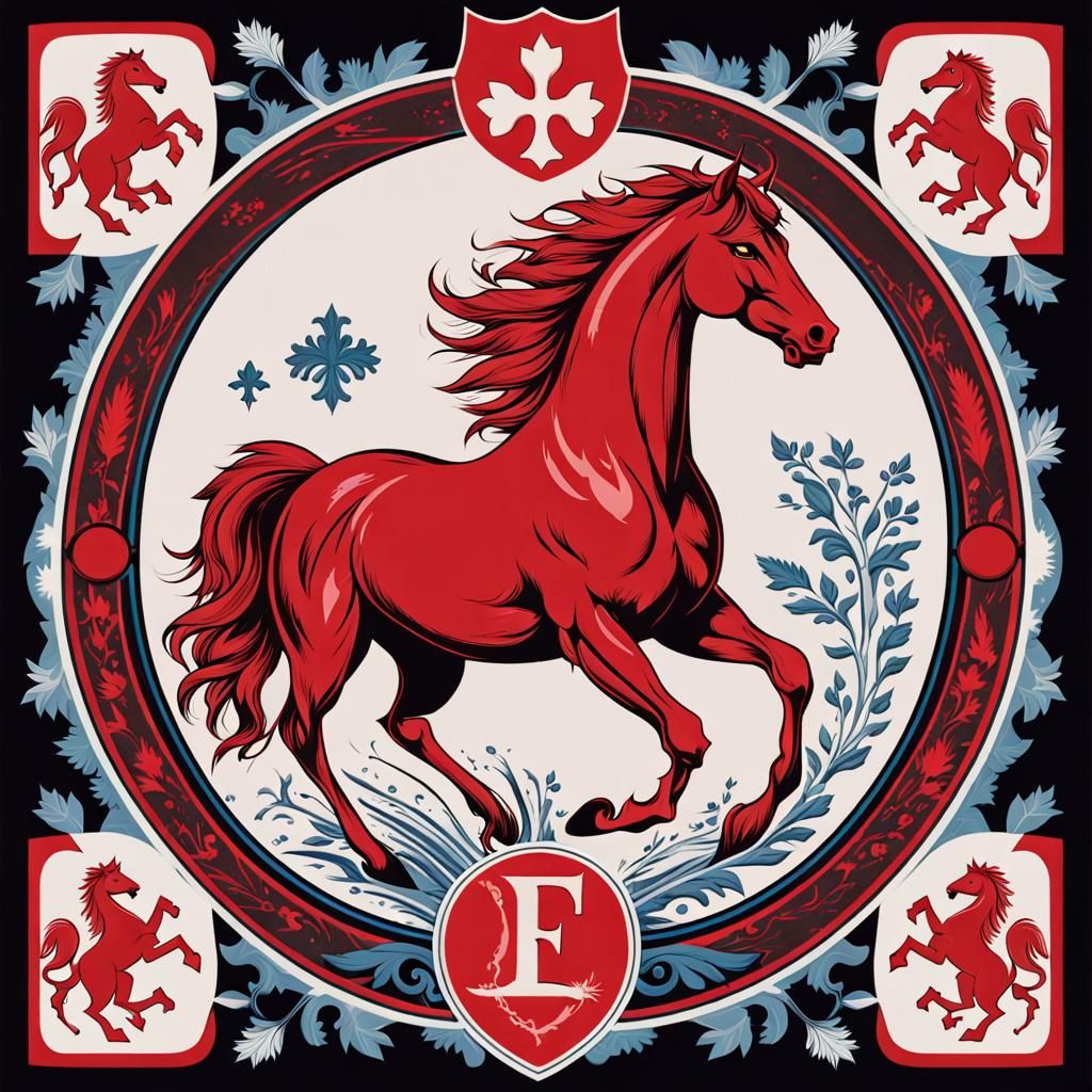 Geometric Family Crest with Red Horse in Pop Art Style