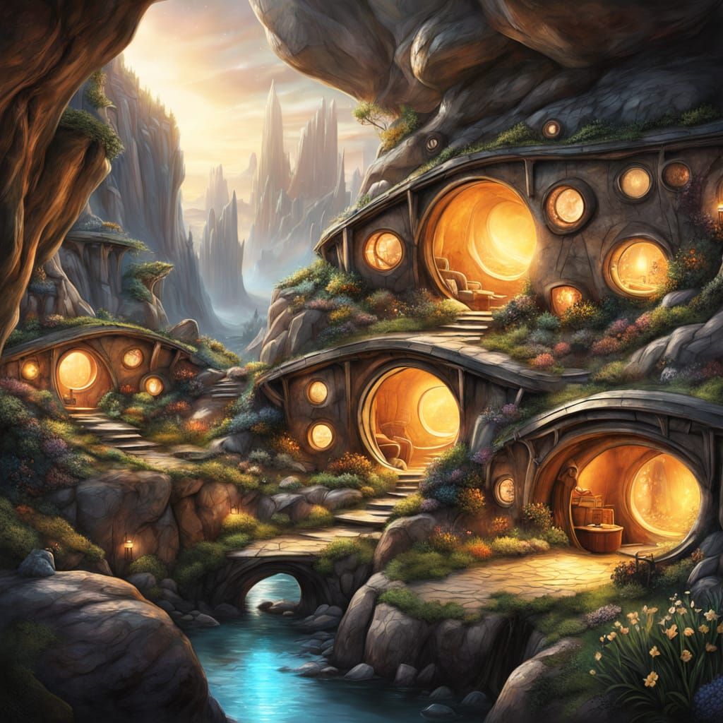 Futuristic Hobbit City in Rocky Crevice