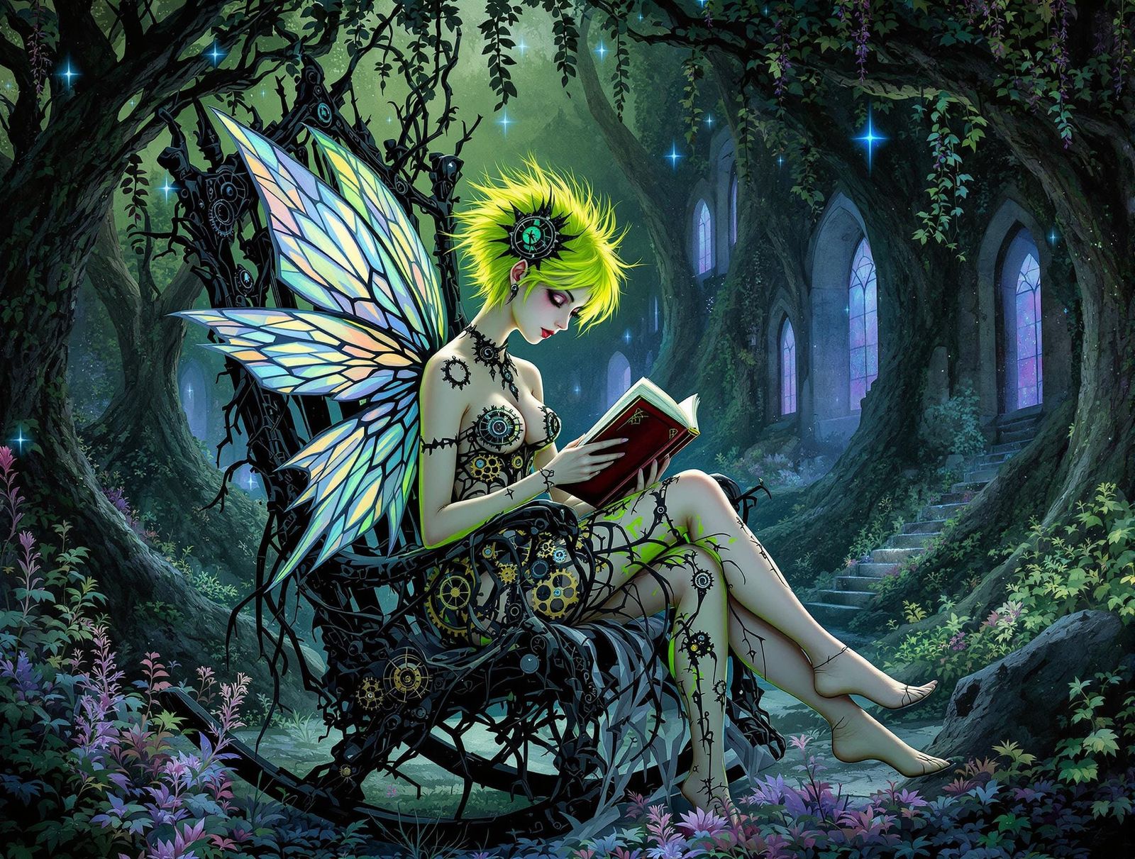 Gothic Fairy Reading in Bioluminescent Forest