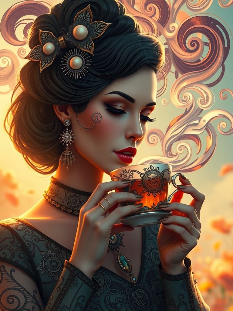 Steampunk Siren Sipping Tea in Whimsical Whirlwind