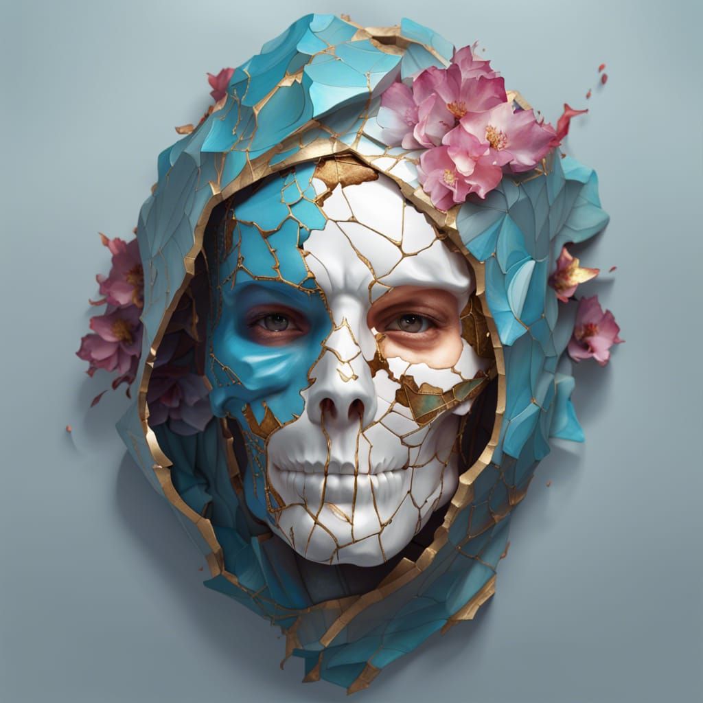 Cracked Porcelain Mask Reveals Skull, Detailed Portrait