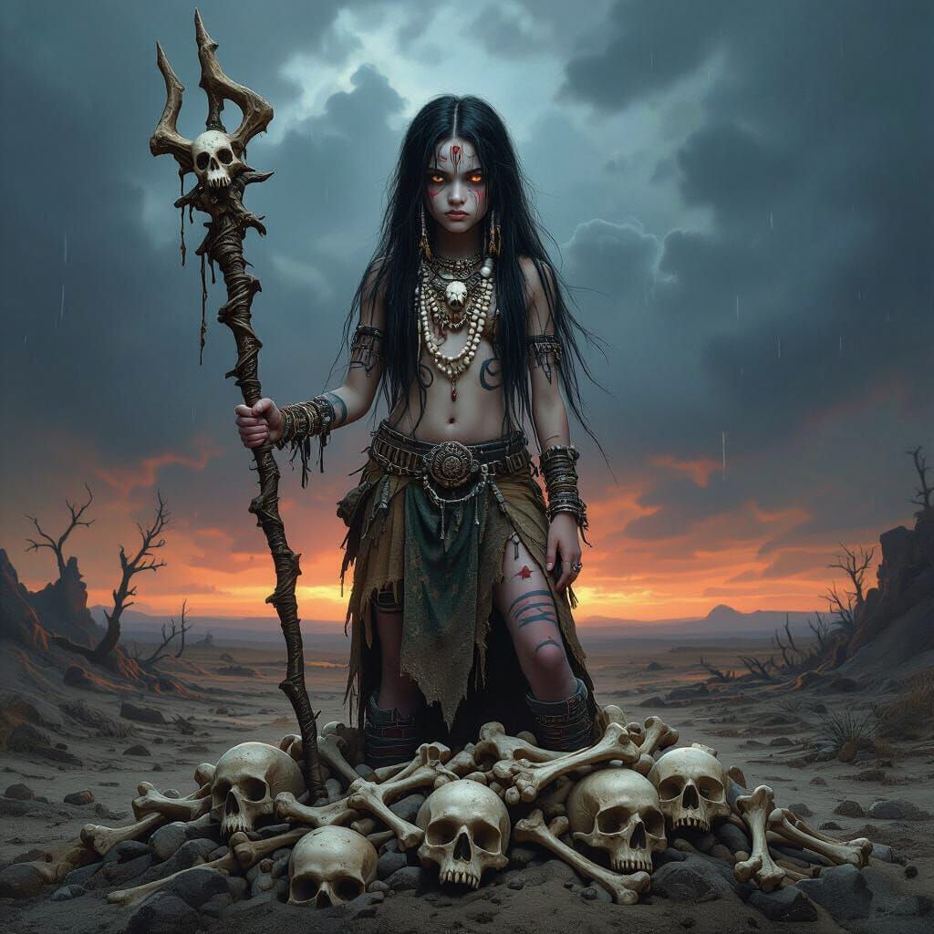 Gothic Fantasy Girl with Bone Staff in Wasteland