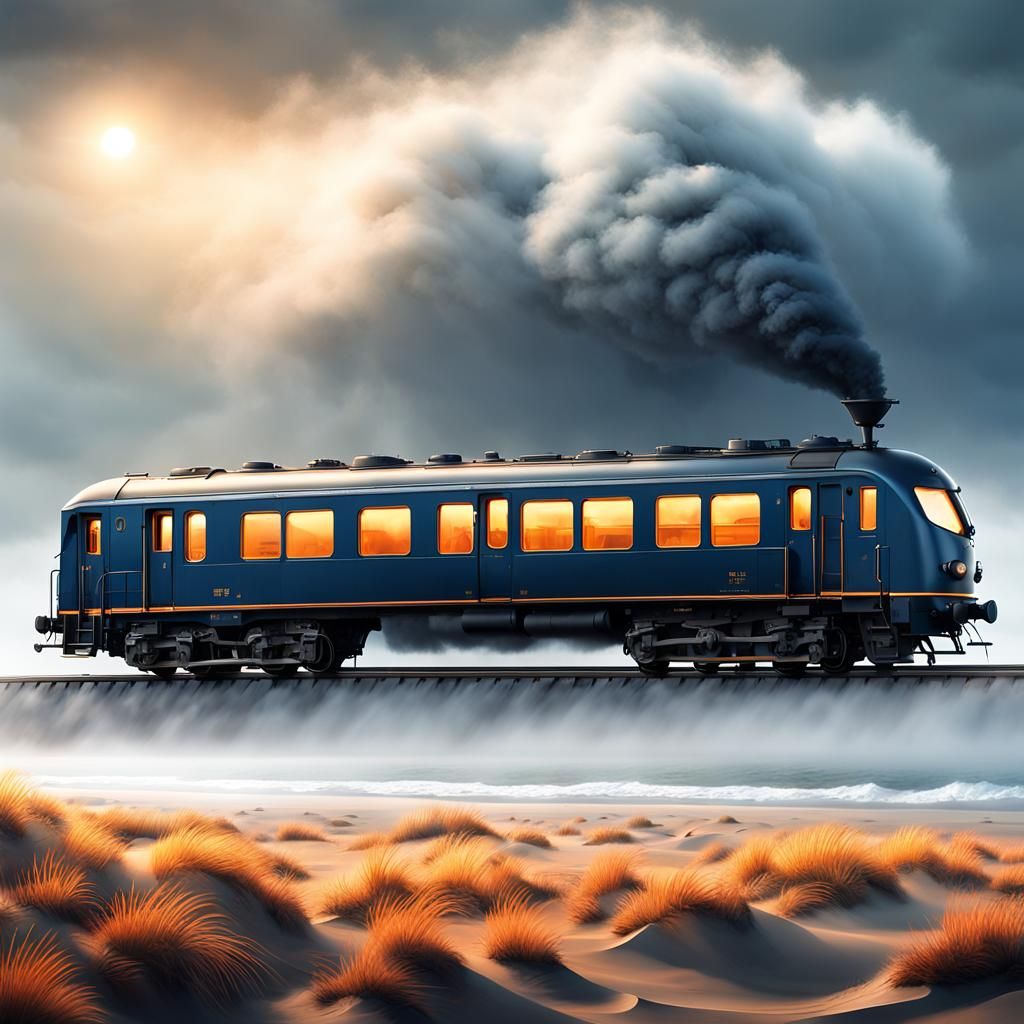Train Emerges from Mist on Deserted Beach