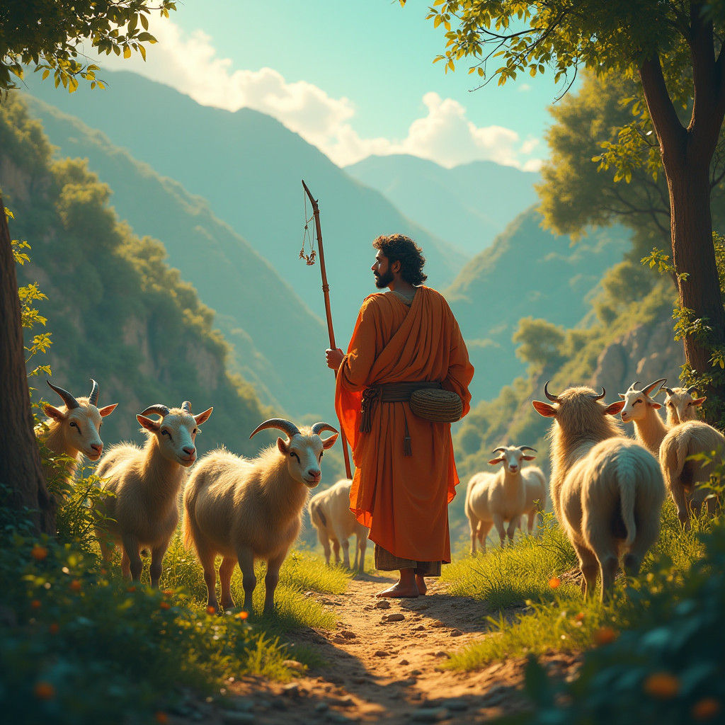 Good Shepherd with Goats in Indian Village: Matte Painting