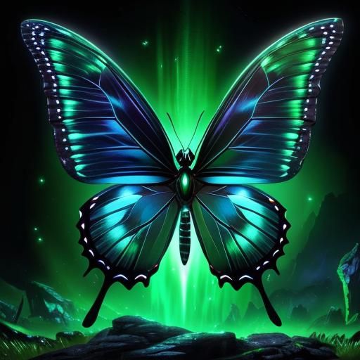Emerald Butterfly with Sparkling Wings in the Night