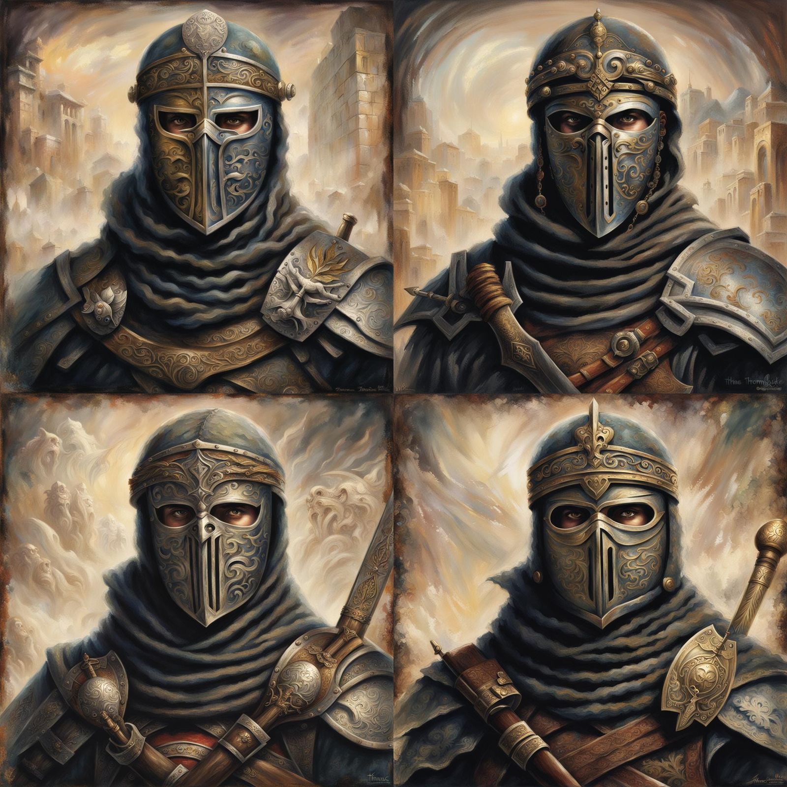 Mercenary with Greek Mask in Ethereal Fantasy Style