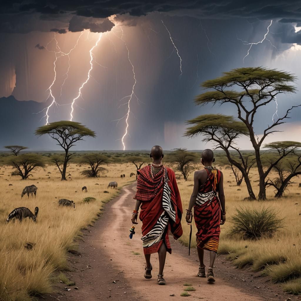 Masai Girl in African Savannah at Sunset