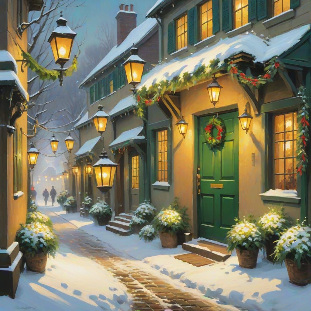 Wintery Village Scene in Impressionist Style