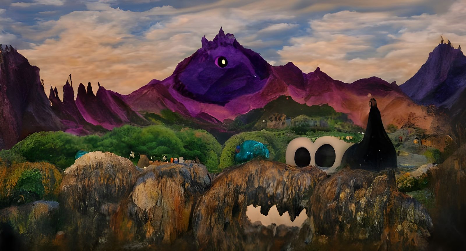 Purple Monster in Quartz Mountains, Naive Art Style