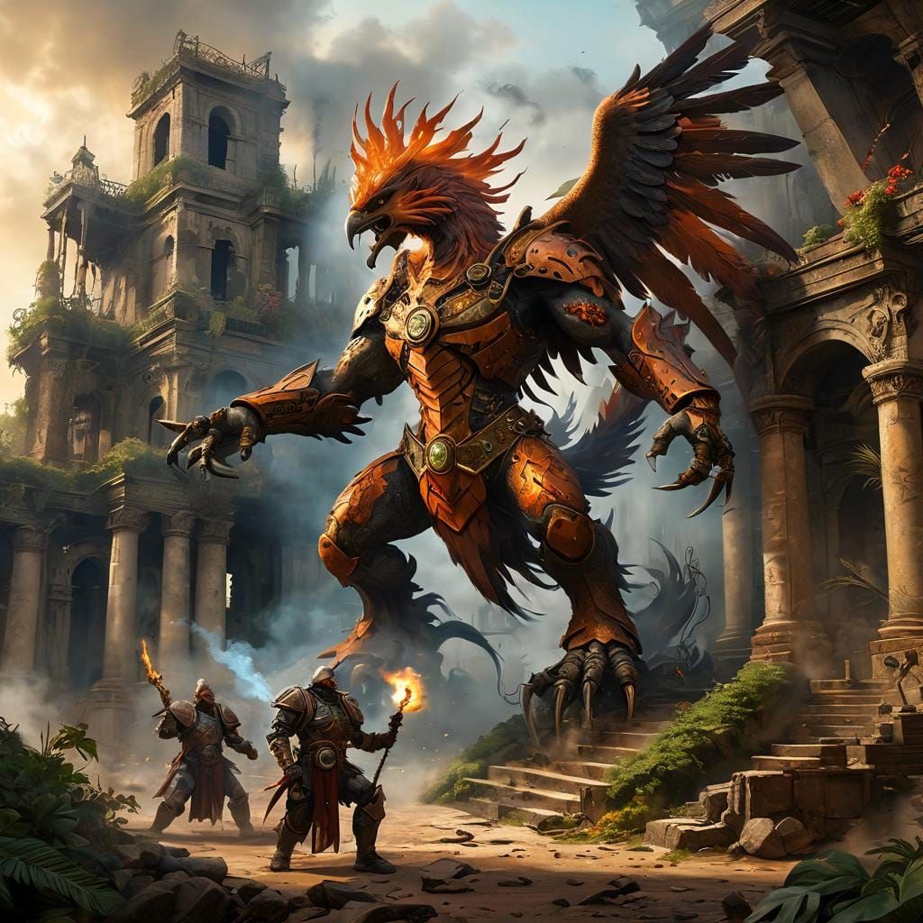 Clockworkpunk Golem Battle in Decadent City Ruins