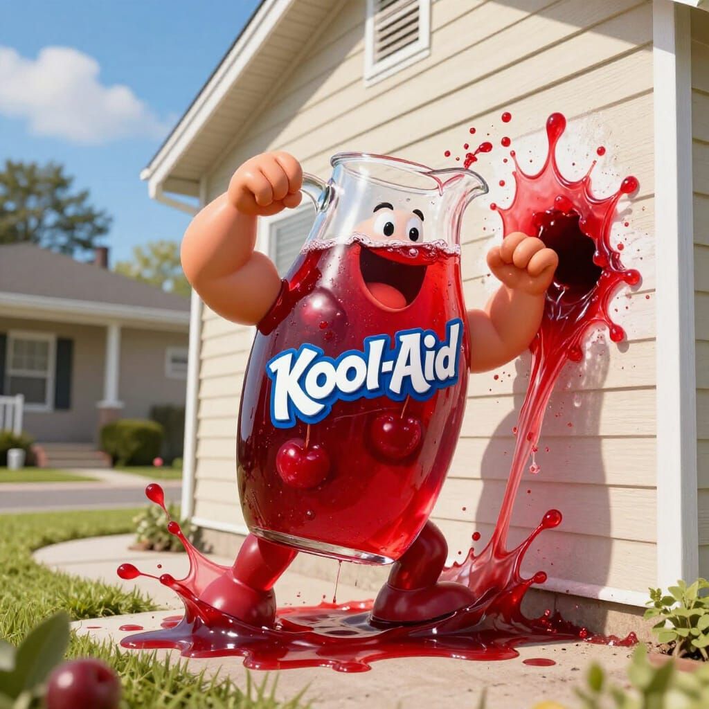 Kool-Aid Man Bursts Through House Wall in 80s Style