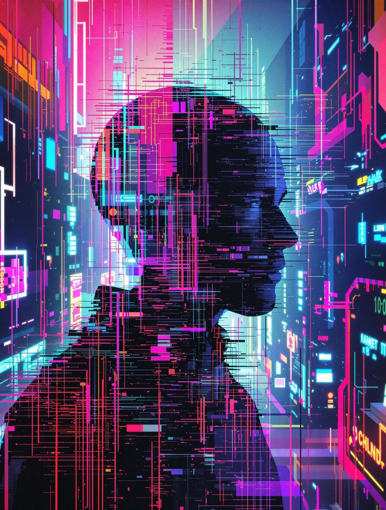 Glitching Portrait in a Retro-Futuristic Cyberpunk Cityscape