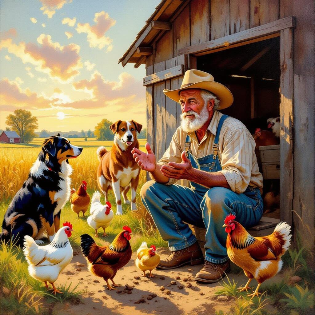 Farmer and Farm Animals in Golden Afternoon Light