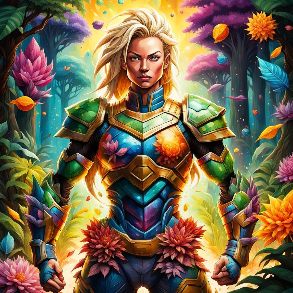 Powerful Saiyan Woman in Magical Forest: Graffiti Art