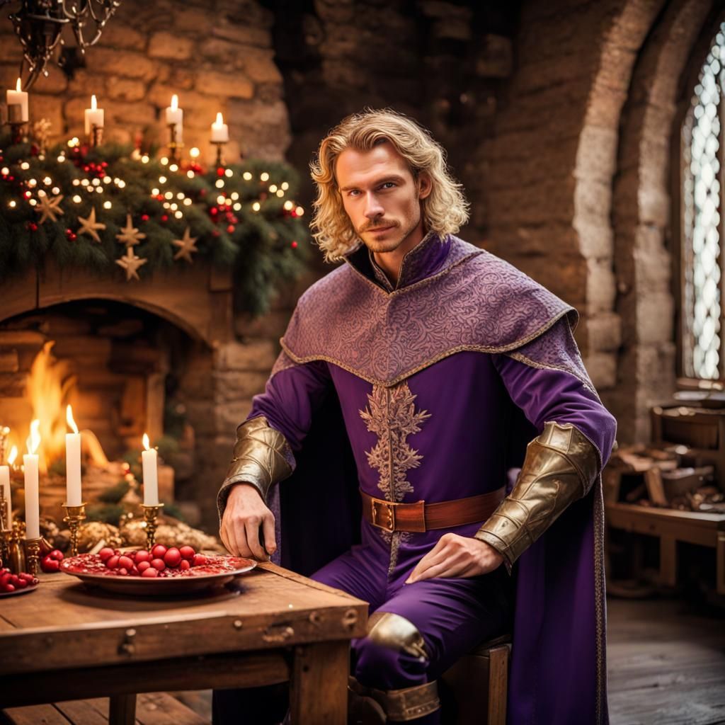 Medieval Noble in Christmas Decorated Castle