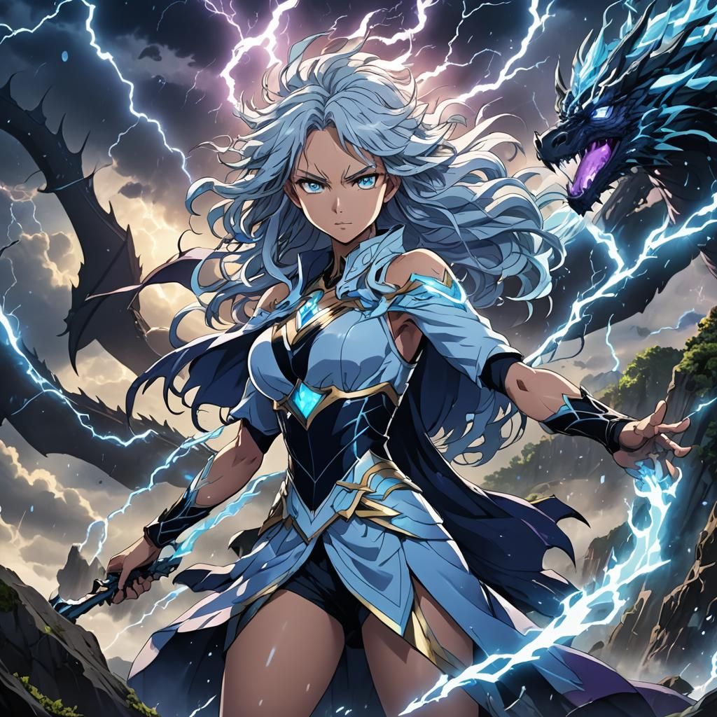 Anime Storm Goddess Taming Dragon in Mystical Forest