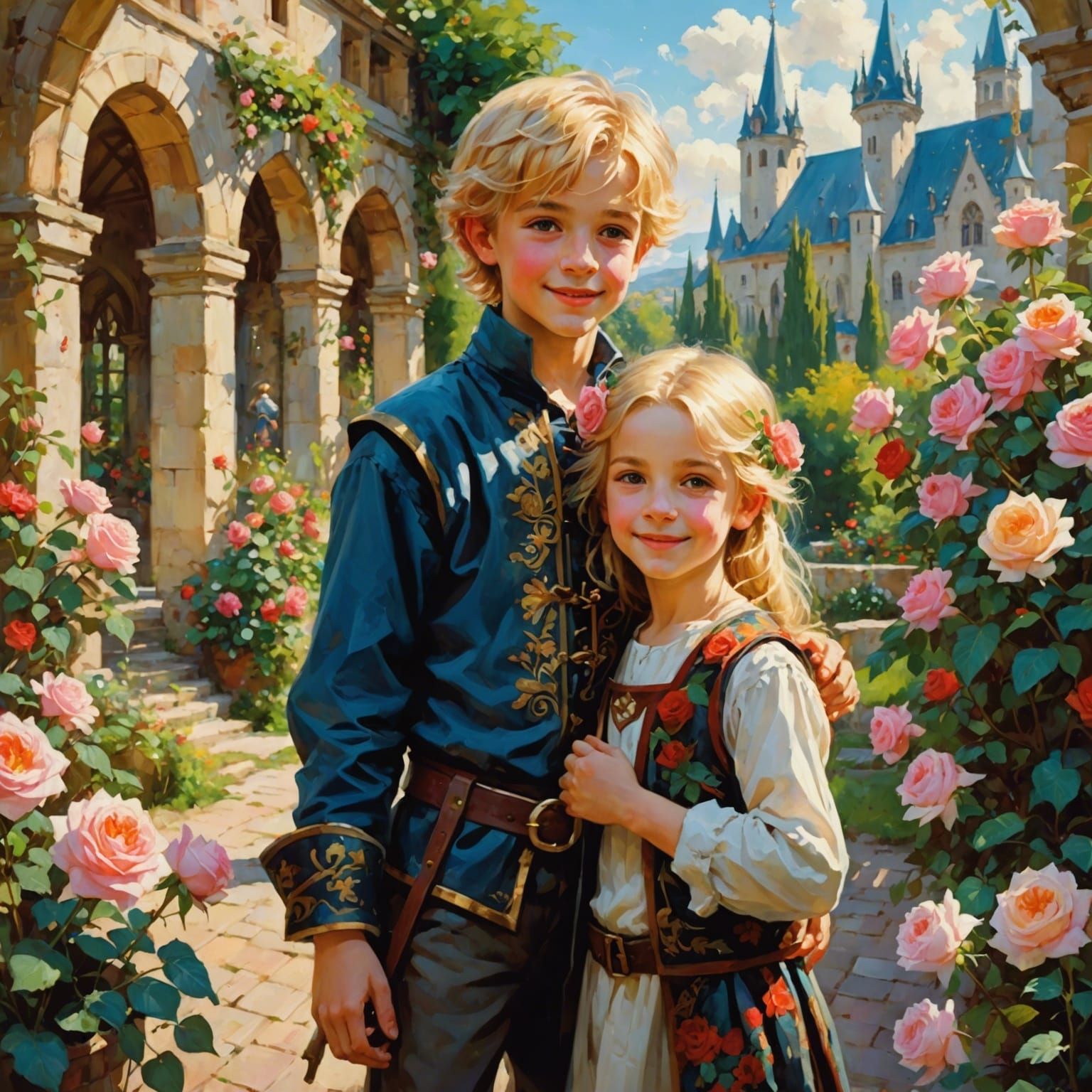 Medieval Boy and Sister in Rose Garden
