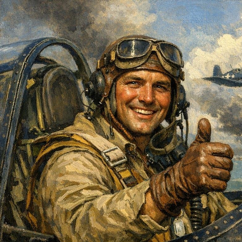 WW2 Marine Aviator Gives Thumbs Up in Oil Painting
